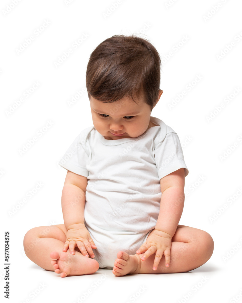 Cute baby in white onesie on transparent background Cute baby in white onesie on transparent background