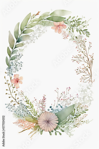 Watercolor banner with green eucalyptus leaves and branches. Spring or summer flowers for invitation, wedding or greeting cards. Generative AI
