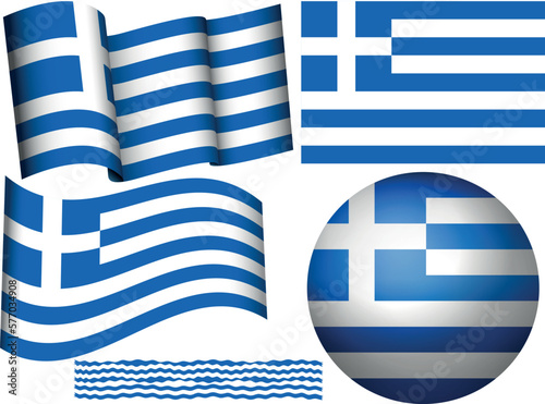 Greek flag. Greece national symbols - waving flag, round badge icon