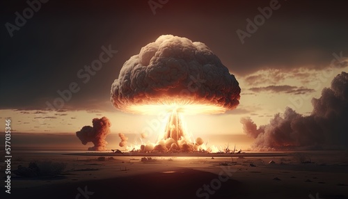 Tablou canvas Nuclear bomb explosion in nuclear war, ww3, dystopic created with generative ai