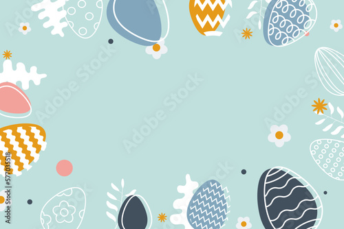 Happy Easter Banner in Modern minimal style with eggs, flowers, and dots. Good for greeting card, banner, poster, flyer, and web.