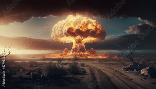 Nuclear bomb explosion in nuclear war, ww3, dystopic created with generative ai technology photo