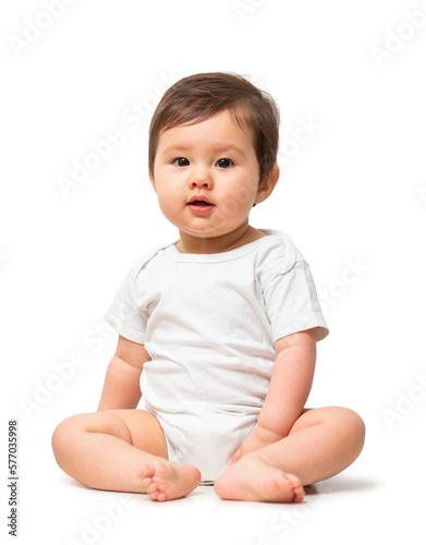 Cute baby in white onesie on transparent background