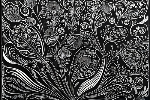 Hand drawn black and white monochromatic floral background. Generative AI