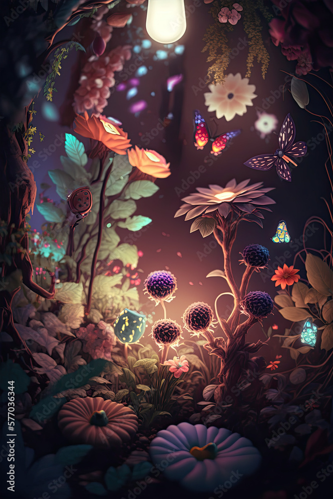 A magical and whimsical garden filled with glowing flowers, friendly ...
