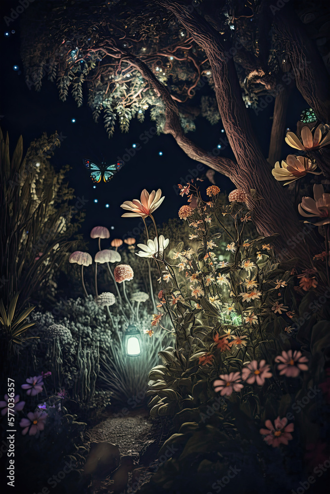 Obraz premium A magical and whimsical garden filled with glowing flowers, friendly creatures, and sparkling fairy dust, enchanted, forest, a massive tree, glowing mushrooms, fireflies, lighting up