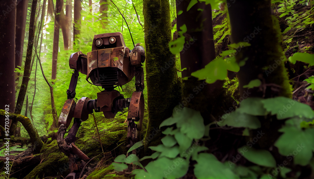 Rusty abandoned robot stands in the forest, Generative AI Rusty abandoned robot stands in the forest, Generative AI