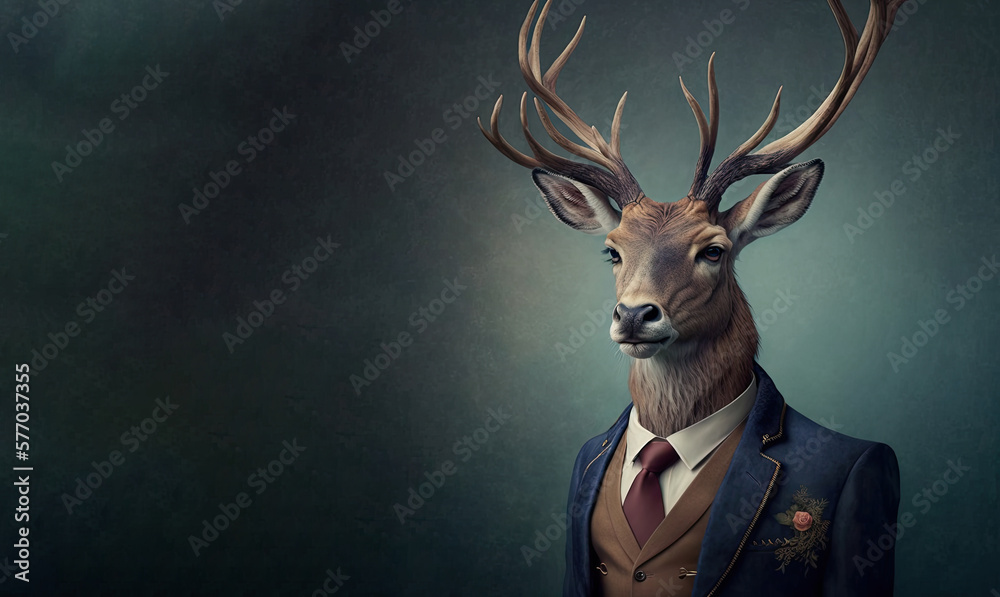 Horned sir deer wearing formal suit on dark colored background. Generative AI