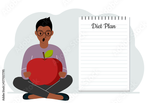 Diet plan illustration. A man sits cross-legged and holds a large red apple. The concept of diet food, meal planning, nutrition consultation.