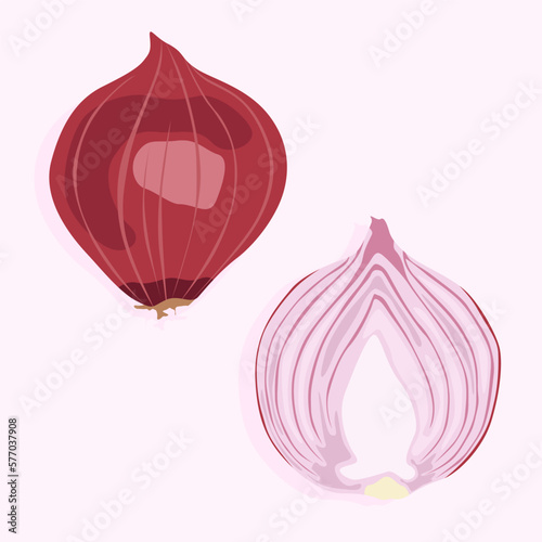 Whole red onion and cut in half. Food icons set. Vegetables for a healthy diet. Natural product.