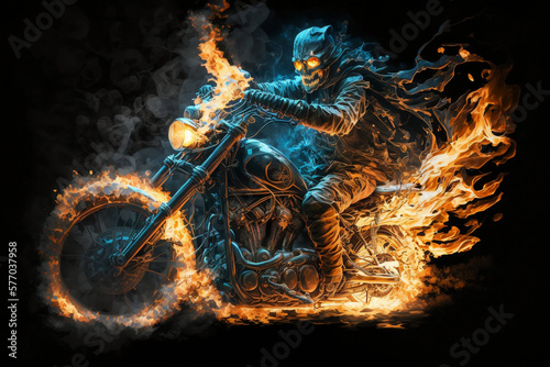 Fire skeleton rider on motorcycle, Ghostly biker on fire motorcycle speeding through the night, Generative AI
