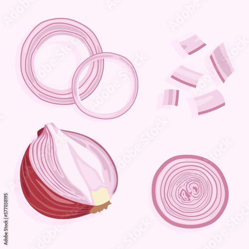 A set of half a red onion and its chopped pieces with onion rings. Food icons set. Vegetables for a healthy diet. Natural product.