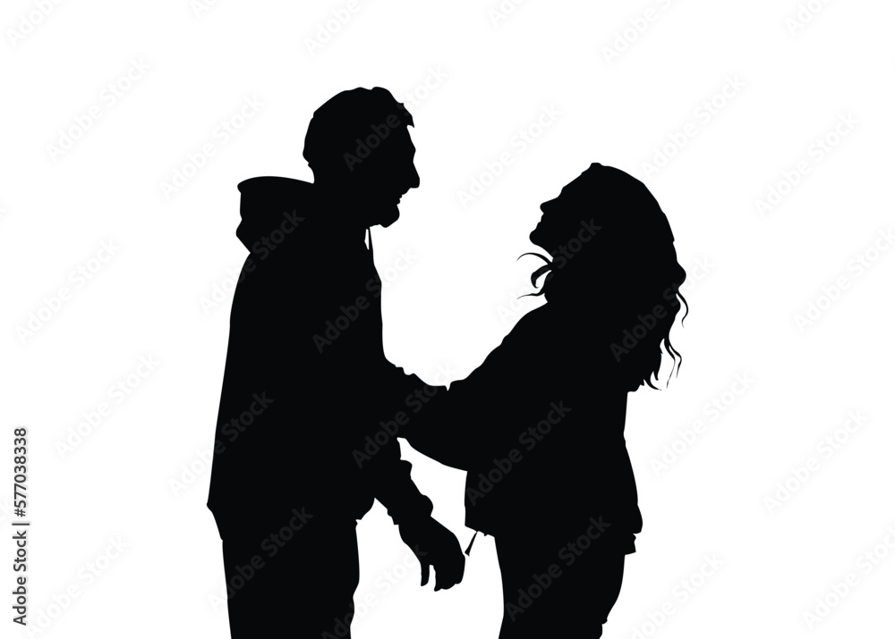 Profile of a man and a woman looking into each other's eyes. Vector silhouette isolated on white background. Face of a man and a woman, side view.