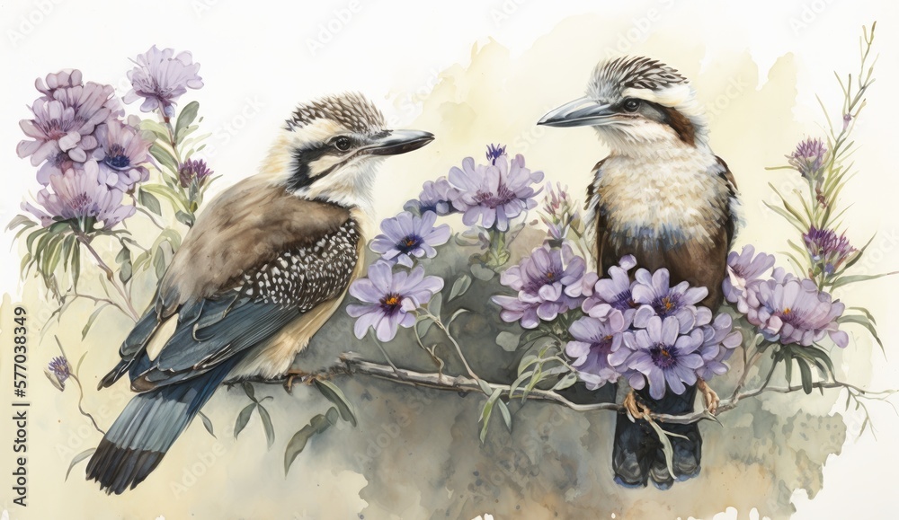 Fototapeta Australian kookaburras and jacaranda purple flowers. Watercolour illustration for wedding, florist, birthday card or invitation. Australia theme. Generative AI.	