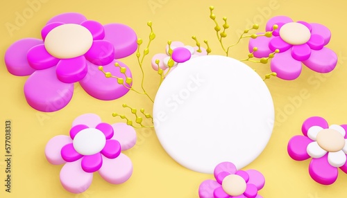 Easter 3d render spring flowers with stage for commercial product showcase. Cartoon style festive holiday celebration three dimensional background.