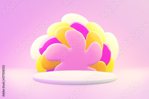 Easter 3d render glow spring flowers with stage for commercial product showcase. Cartoon style festive holiday celebration three dimensional pink background.