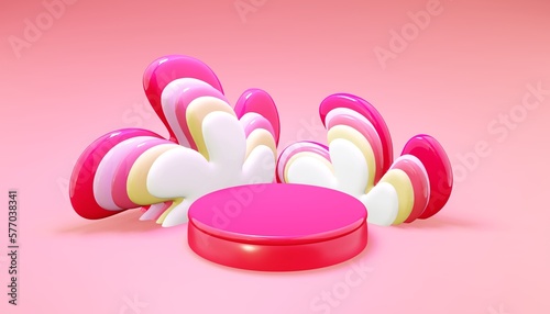 Easter 3d render spring flowers with stage for commercial product showcase. Holiday celebration three dimensional pink background.