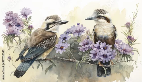 Obraz Australian kookaburras and jacaranda purple flowers. Watercolour illustration for wedding, florist, birthday card or invitation. Australia theme. Generative AI.	