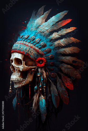 A skull wearing an indian headdress. Generative AI