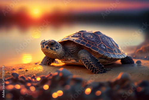 Turtle on the beach at sunset. Generative AI, Generative, AI