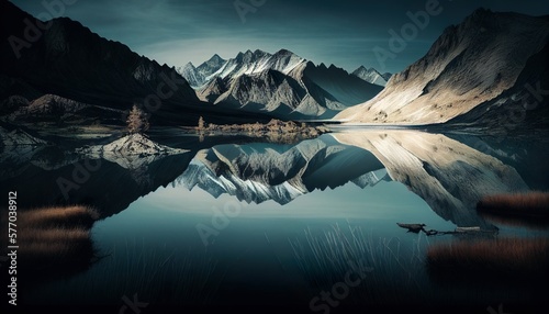 Serene Lake with Reflections of Surrounding Mountains