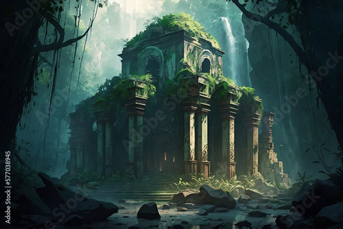 Temple ruins in fantasy mountains  Ancient temple ruins in a mystical jungle landscape  Generative AI