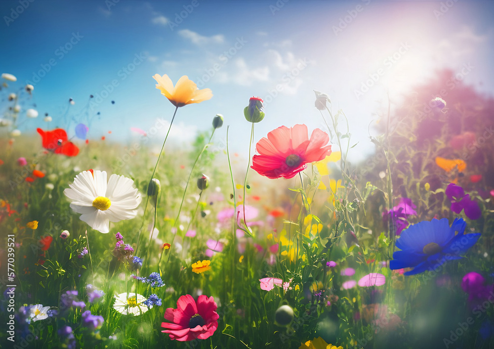 Field of flowers, day, sun. Created with Ai Generation technology.
