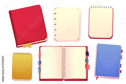 Set diary, note book in cartoon style top view, open, closed isolated on white background. Book with bookmarks and spiral, daily planner.