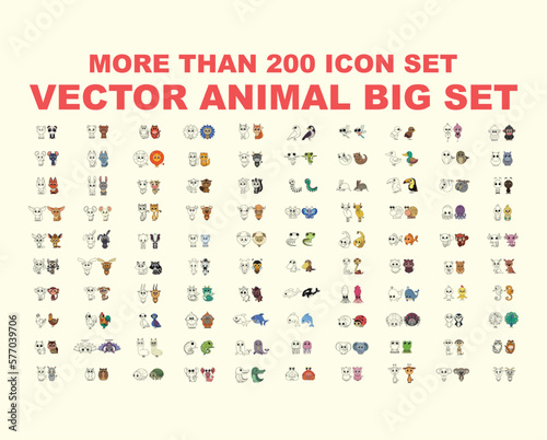 Animal icons big set with colour and black and white version. Vector all animals illustrations