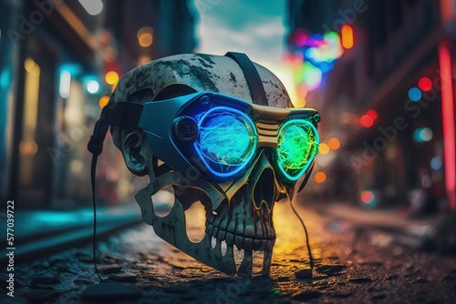 A cyberpunk human skull with an open jaw is seen here sporting a pair of green illuminated, blue and red wired, yellow and gray metal virtual reality spectacles. boondoggle bokeh on city streets at ni