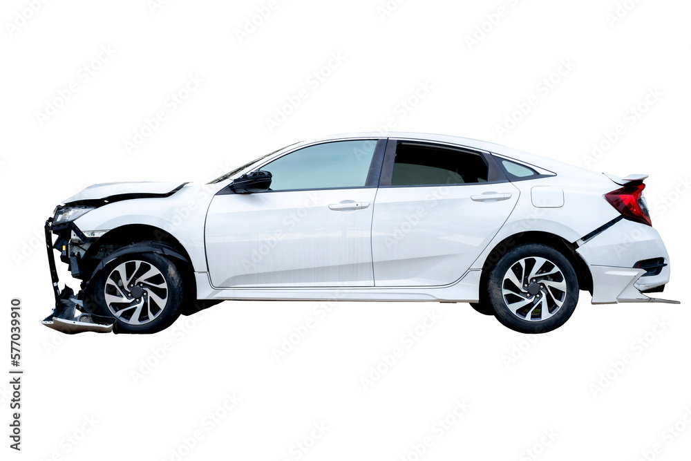 Full body side view of white car get damaged by accident on the road. damaged cars after collision. Isolated on transparent background , PNG File