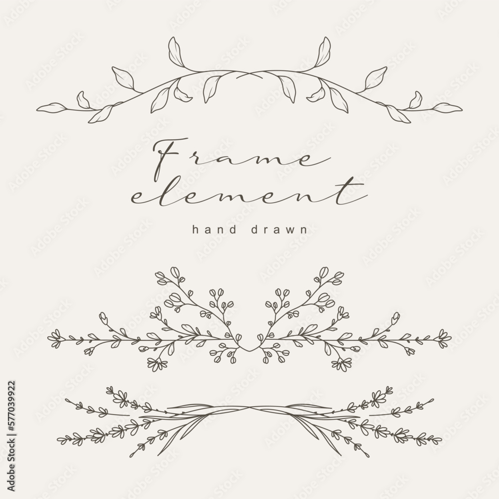 Hand drawn vintage floral borders, frames, dividers with flowers, branches and leaves.Trendy greenery elements in line art style.Vector for label, corporate identity, wedding invitation, greeting card