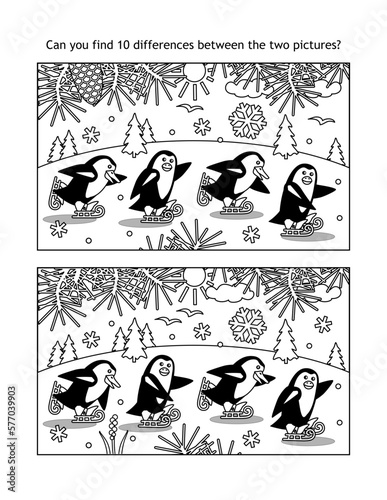 Winter sports, winter holidays, New Year or Christmas difference game with skating penguins
