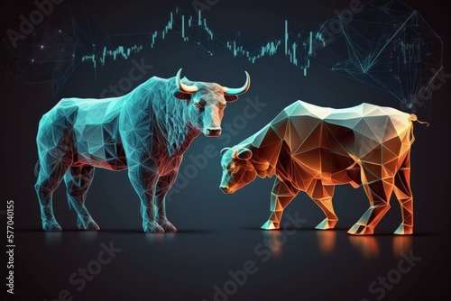 Financial chart with bulls and bears. Trading on the stock exchange, as a financial concept. Polygonal bull and bear. Generative AI © AkuAku