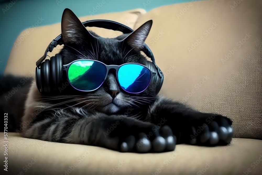 cat wearing sunglasses and headphones, relaxing on a couch (AI ...