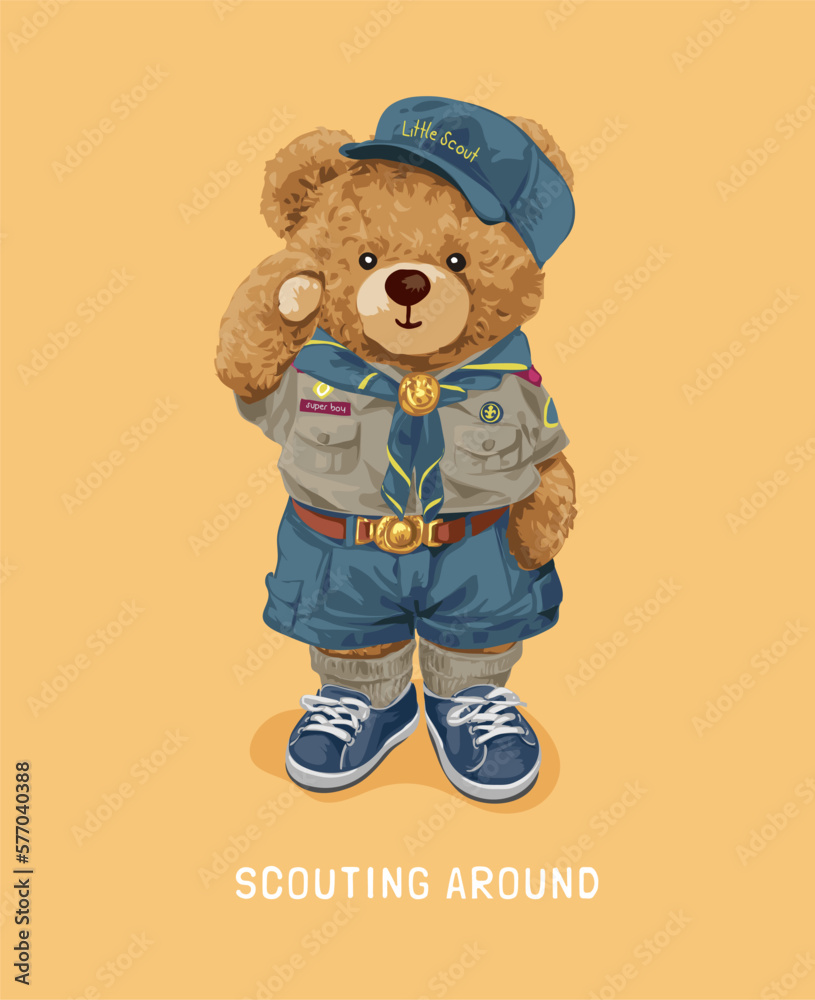 scouting around slogan with bear doll in boy scout uniform vector illustration - obrazy, fototapety, plakaty 