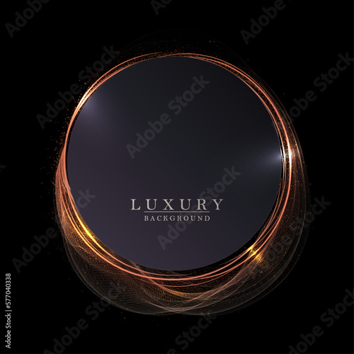 Isolated round gold texture frame, small transparent tulle on a black background