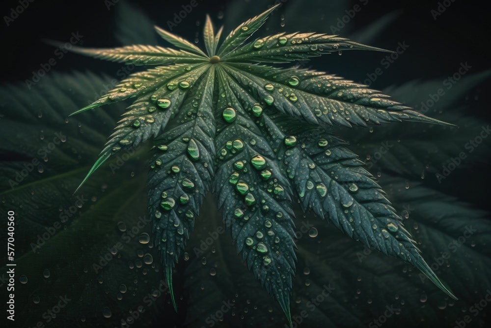 Marijuana (cannabis) leaves drenched in morning dew. A miniature