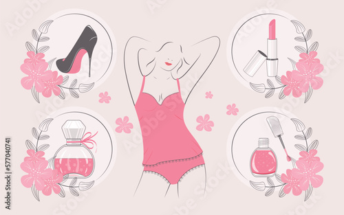 The silhouette of a girl and a set of beauty accessories . The concept of beauty, tenderness and femininity, vector