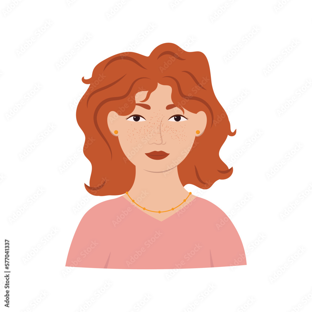 Happy woman with red hair, earrings and a smile. Portrait of a smiling business girl with curly hair on an isolated white background. Flat graphic vector illustration. Happy woman with red hair, earrings and a smile. Portrait of a smiling business girl with curly hair on an isolated white background. Flat graphic vector illustration.