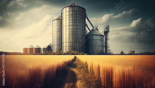 Fotografiet Silos in a barley field. Storage of agricultural production.