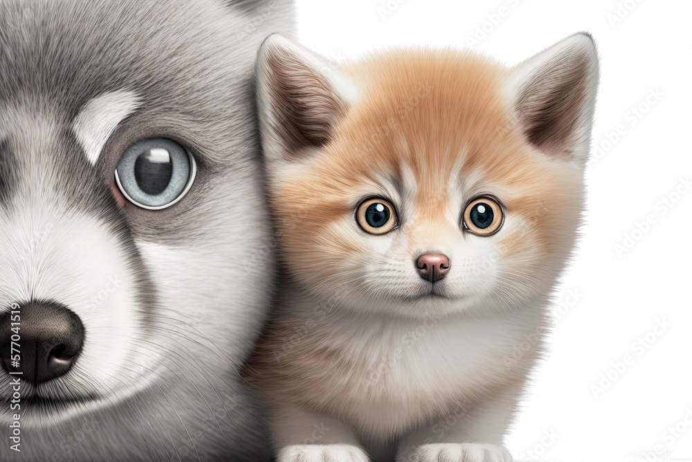 Obraz premium Soft Pomsky puppy and a British Shorthair kitten cuddling up in the cutest way possible. Intentionally making eye contact with the photographer. Stands out against the pure white background