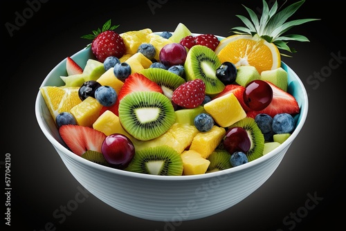 Put the fruit salad in the bowl. Various ripe fruits of various colors. Fruits such as pineapples  mangoes  grapes  strawberries  blueberries  and kiwis. Generative AI