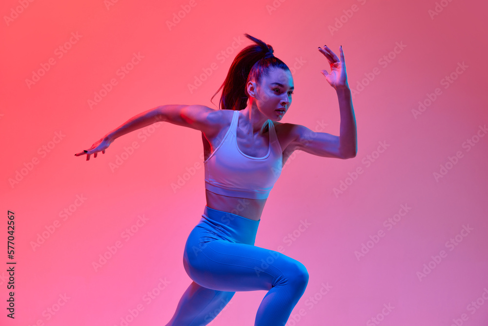 Developing speed. Young girl, professional athlete, runner in motion