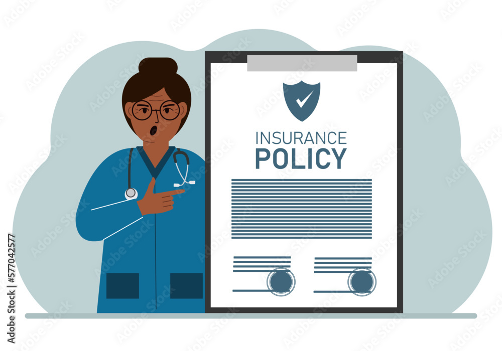 Naklejka premium Woman doctor next to the insurance policy.