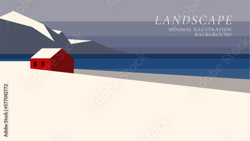 house at the sea in winter minimal landscape vector illustration background