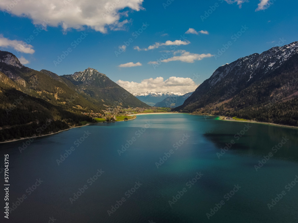 Aerial view Achensee sea in Maurach, Tirol. Austria by drone. Alps mountains. Aerial view Achensee sea in Maurach, Tirol. Austria by drone. Alps mountains.