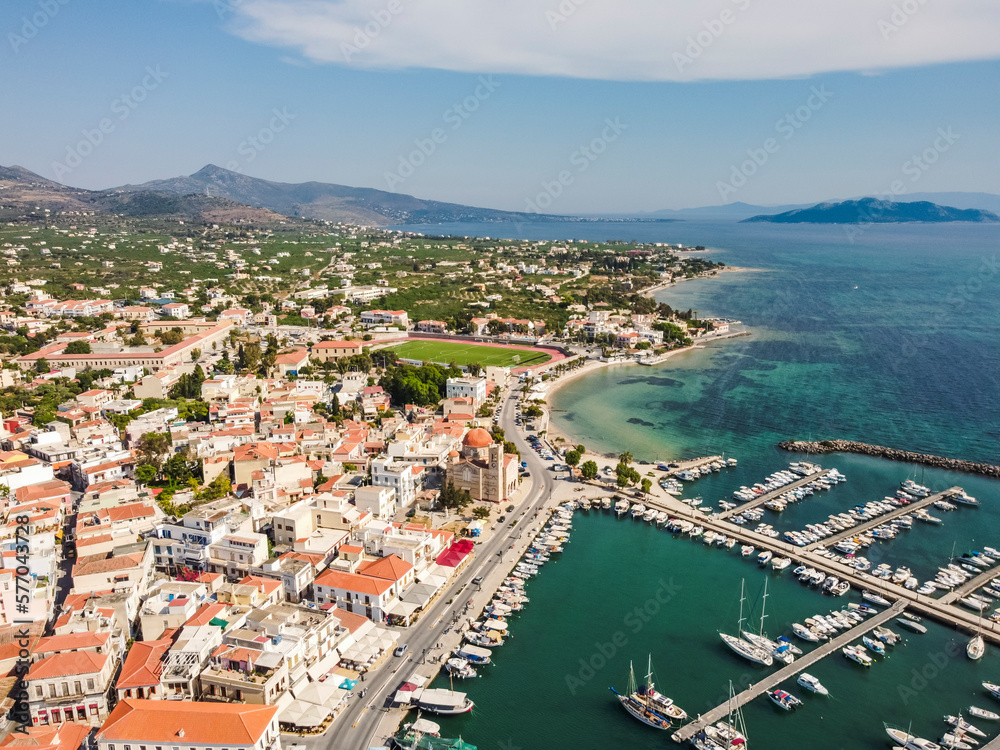 Aerial view Aegina island by drone. Summer Greece. Beach. Mediterranean sea.