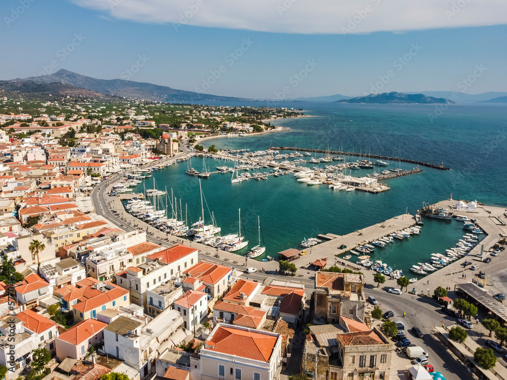 Aerial view Aegina island by drone. Summer Greece. Beach. Mediterranean sea.