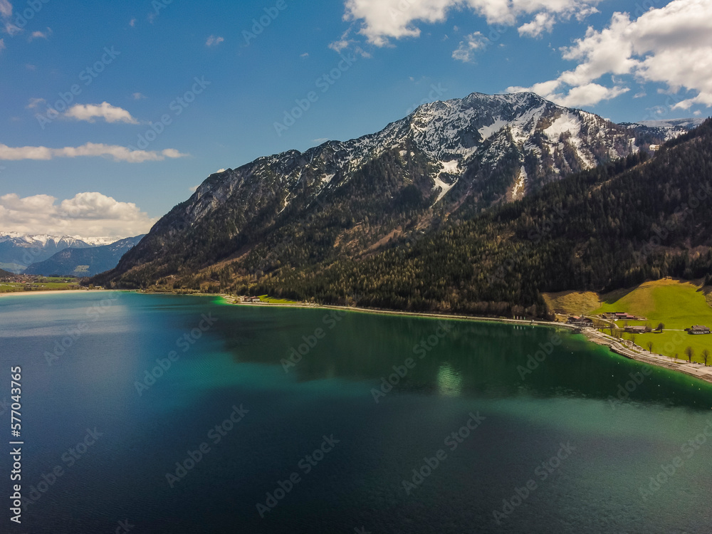 Aerial view Achensee sea in Maurach, Tirol. Austria by drone. Alps mountains.